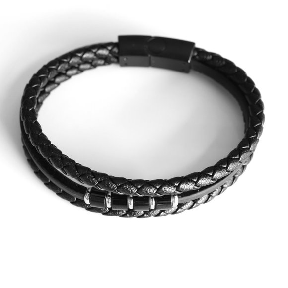 Men's Leather Bracelet, Black Leather Bracelet, Bracelet for Men, Men's Bracelet - Picture 2 of 9